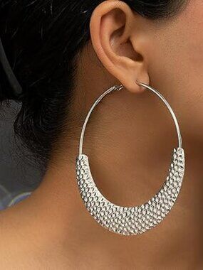 NEW Chunky Big Hoop Earrings Silver Metal Large Circle Statement Fashion